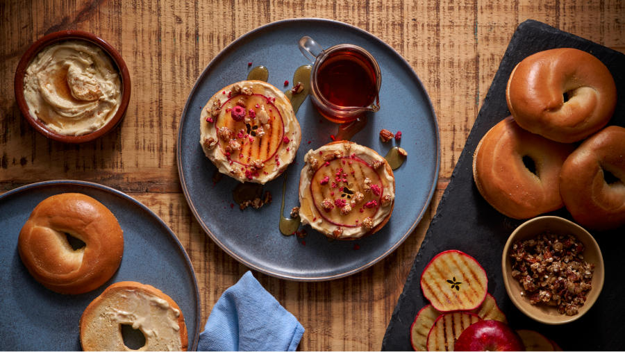APPLE CRUMBLE BAGEL WITH WHIPPED CINNAMON CREAM CHEESE