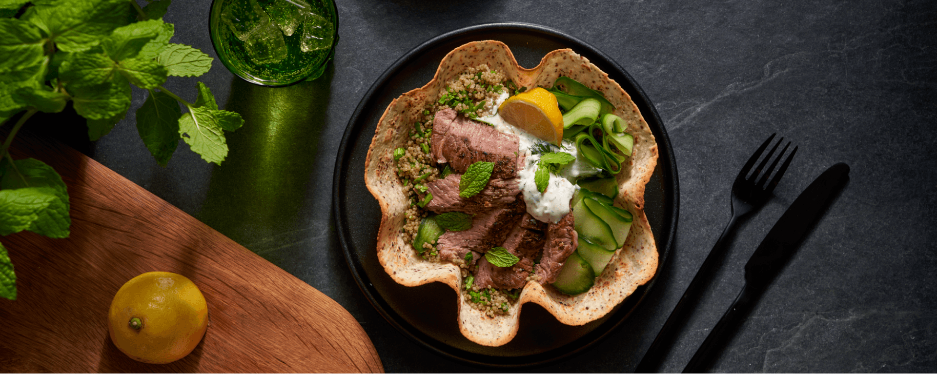 GRILLED LAMB & QUINOA TABBOULEH WRAP BOWL