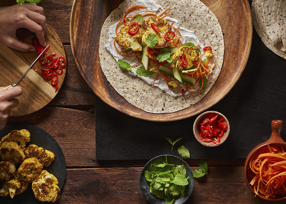 VEGAN SPICED CAULIFLOWER WRAPS WITH COCONUT RAITA