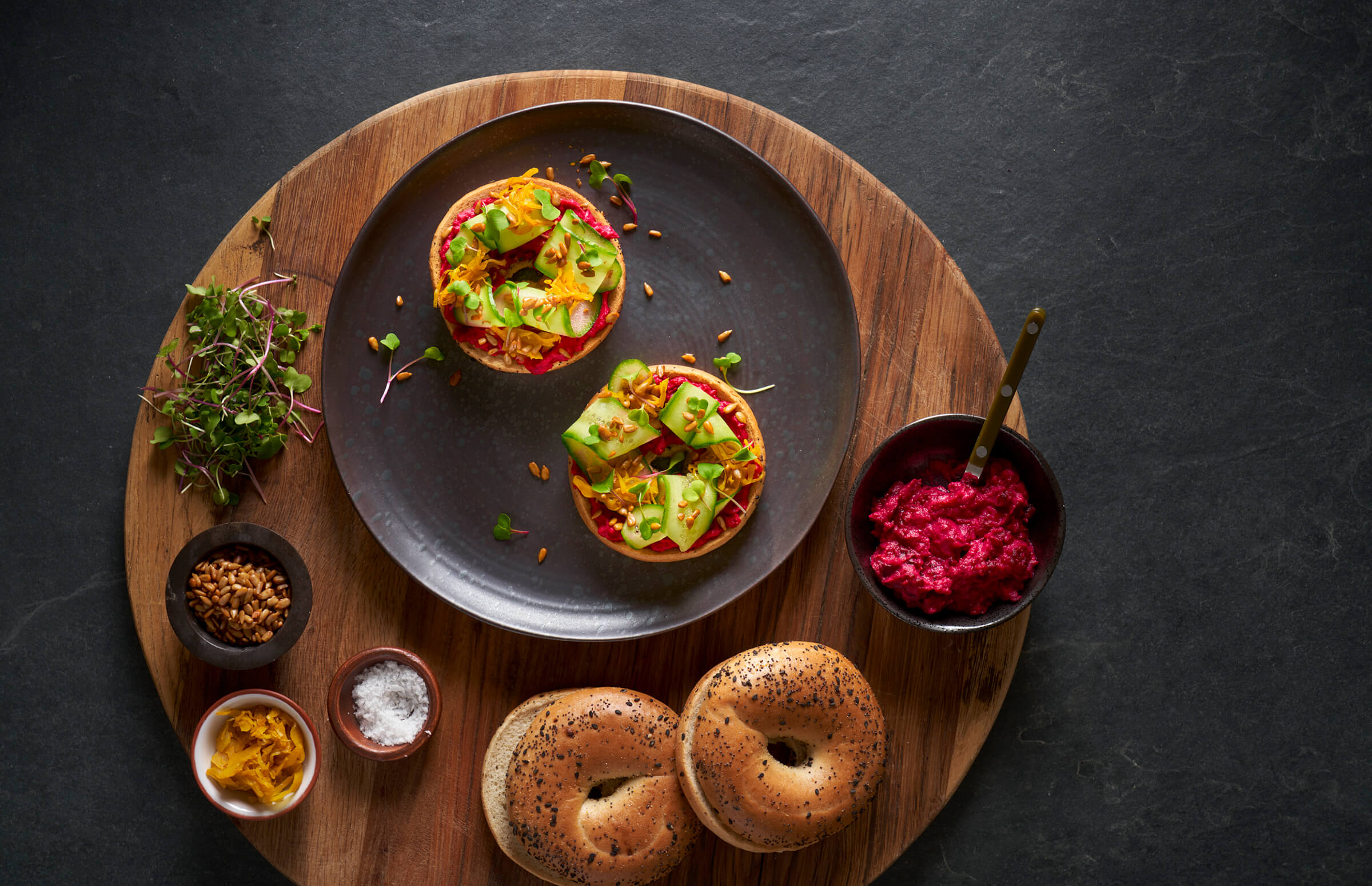 Beetroot Hummus Herb & Black Garlic Bagel