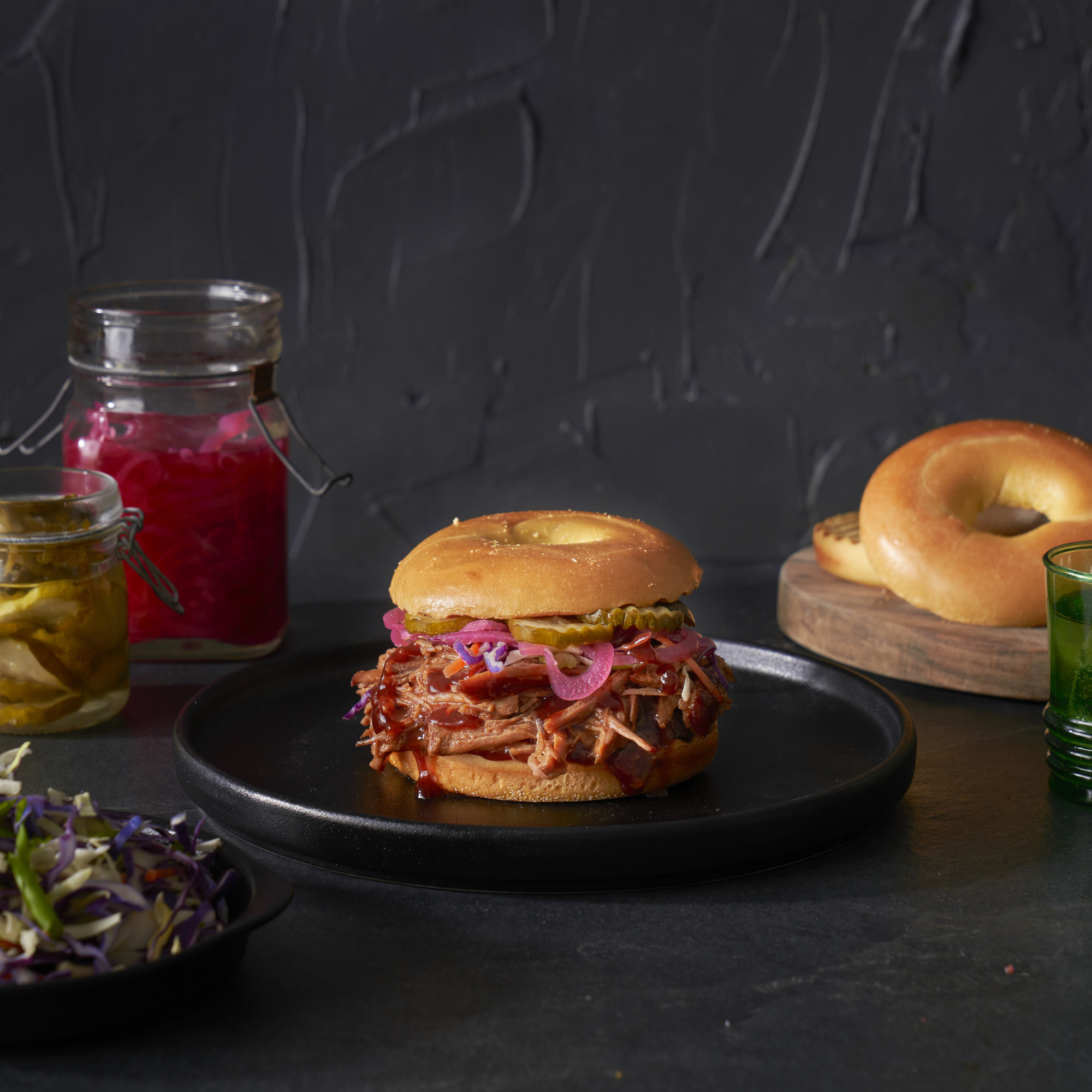 STICKY PULLED PORK BRIOCHE BAGEL